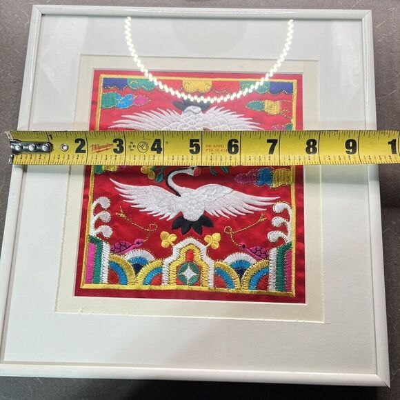 Vintage Chinoiserie Silk Panel Embroidered Crane Bird Floral 10 1/8”X9.5” Framed - Picture 4 of 6
